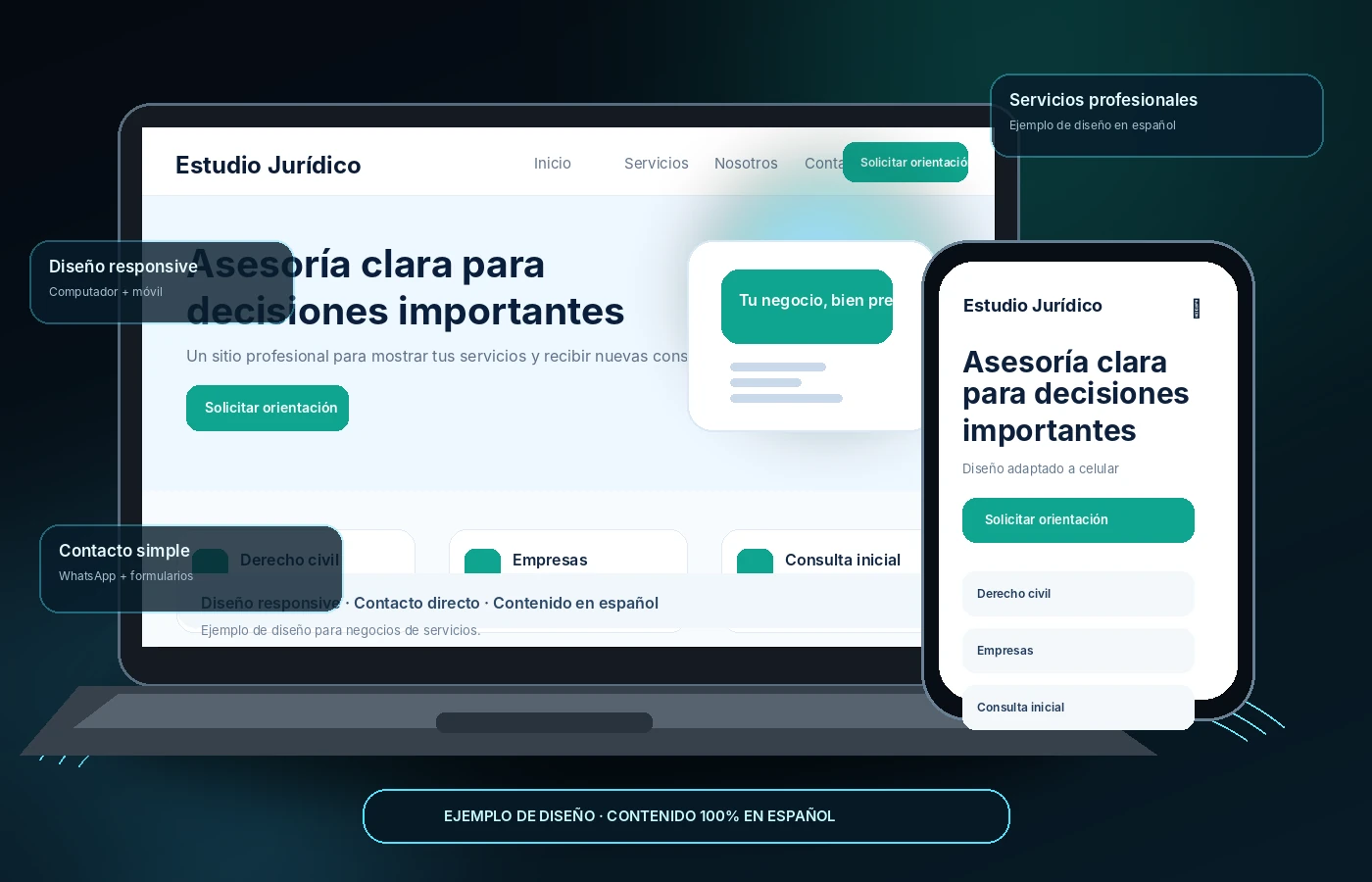 Ejemplo de sitio web comercial presentado en notebook